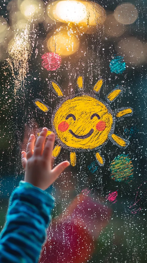 A child's hand reaches towards a cheerful sun drawn on a rain-streaked window.  The sun is bright yellow with smiling features and rosy cheeks.  Colorful crayon marks decorate the glass, adding to the whimsical scene.  Blurred city lights shimmer through the wet pane, creating a warm and hopeful atmosphere. The image evokes feelings of childhood innocence and the optimism of finding joy even on a rainy day.