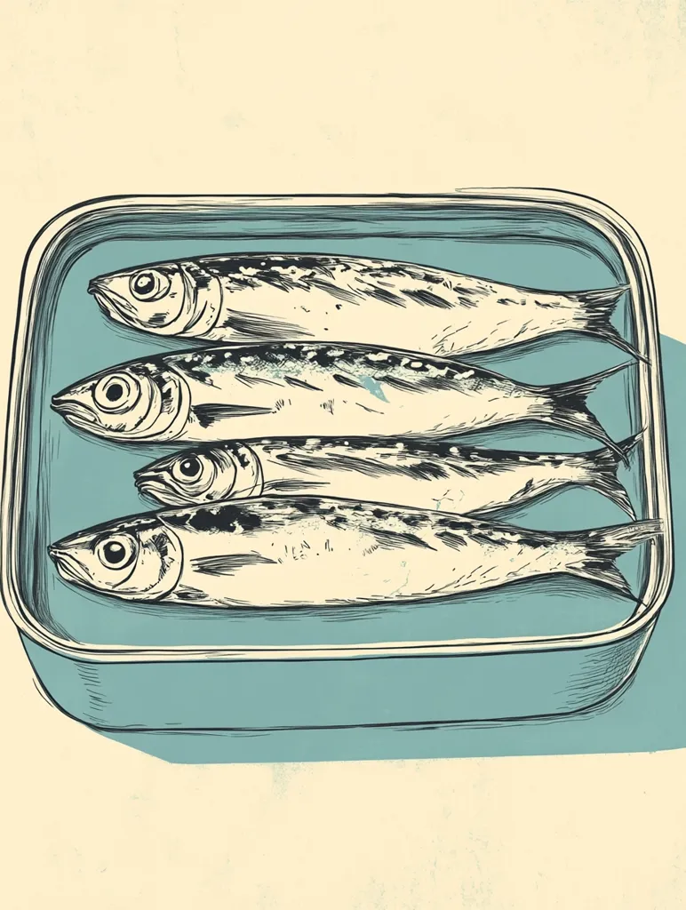 A hand-drawn illustration depicts a teal rectangular tin filled with four sardines.  The sardines are meticulously detailed, showcasing their scales and fins. They are arranged neatly, lying parallel to each other within the tin. The style is reminiscent of vintage packaging art or a food label. The background is a muted beige, providing a soft contrast to the tin and its contents.