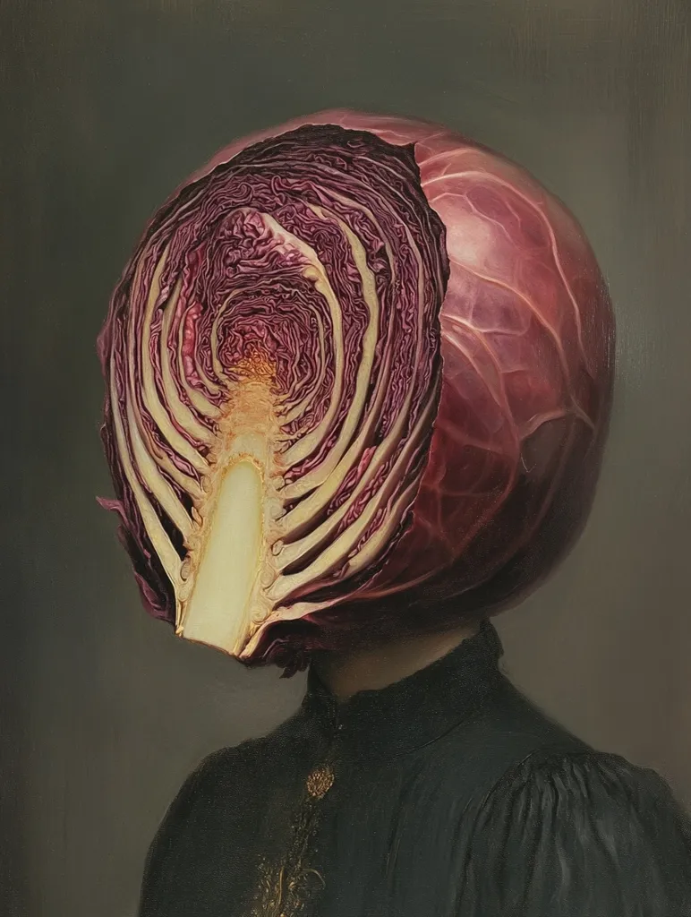 A surreal portrait in the style of old masters depicts a woman whose head is replaced by a cross-section of a red cabbage.  The cabbage's vibrant purple and white interior contrasts with the dark, ornate clothing of the figure.  The painting masterfully blends realistic rendering with a bizarre and captivating juxtaposition of subject matter. The overall effect is both unsettling and strangely beautiful.