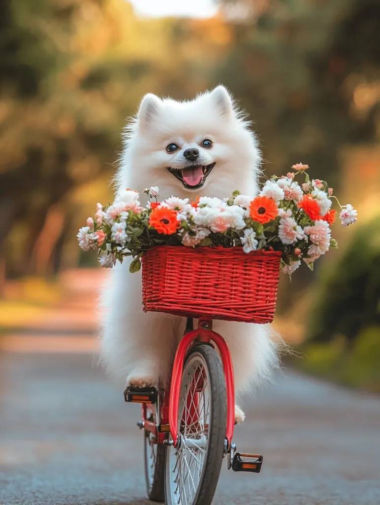 A fluffy white Pomeranian dog sits happily in a red bicycle basket overflowing with colorful flowers.  The adorable pup smiles, its tongue slightly showing.  The tiny red bicycle is on a paved road with a blurred background of green foliage, suggesting a sunny outdoor setting. The overall image is charming and cheerful.