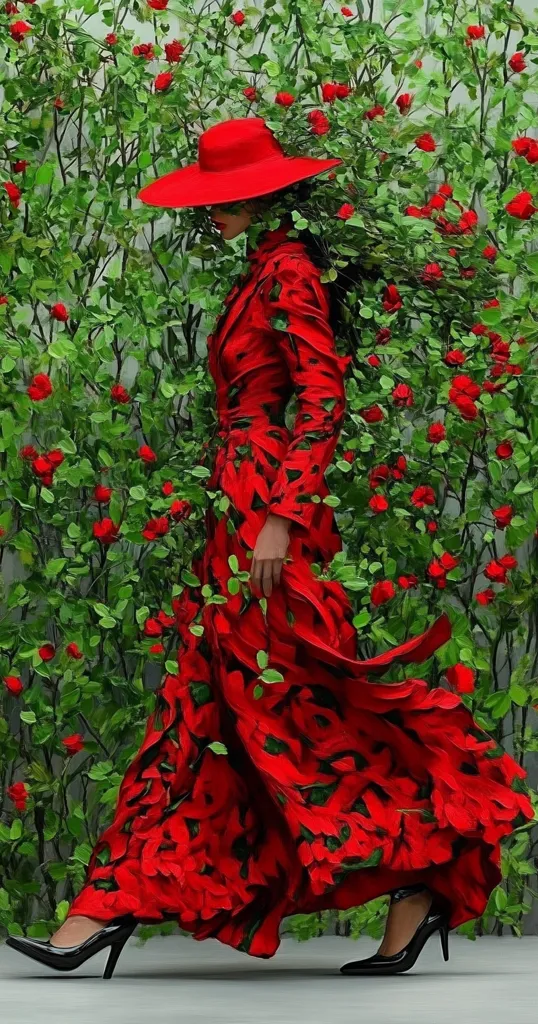 A woman in a vibrant red dress and matching hat strides through a lush garden bursting with red roses.  The dress's floral pattern mirrors the surrounding blooms, creating a striking visual harmony.  Her confident pose and flowing gown suggest movement and grace amidst the natural beauty.  The overall effect is one of dramatic elegance and romantic intensity.