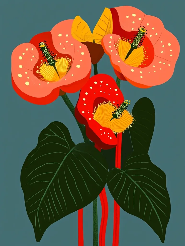 A stylized illustration showcases three vibrant flowers against a muted teal backdrop.  The flowers, in shades of coral and red, feature prominent yellow centers and speckled petals.  Large, dark green leaves with defined veins frame the blossoms.  The stems are depicted in bold red, creating a striking contrast. The overall style is bold and graphic, suggesting a modern botanical print.