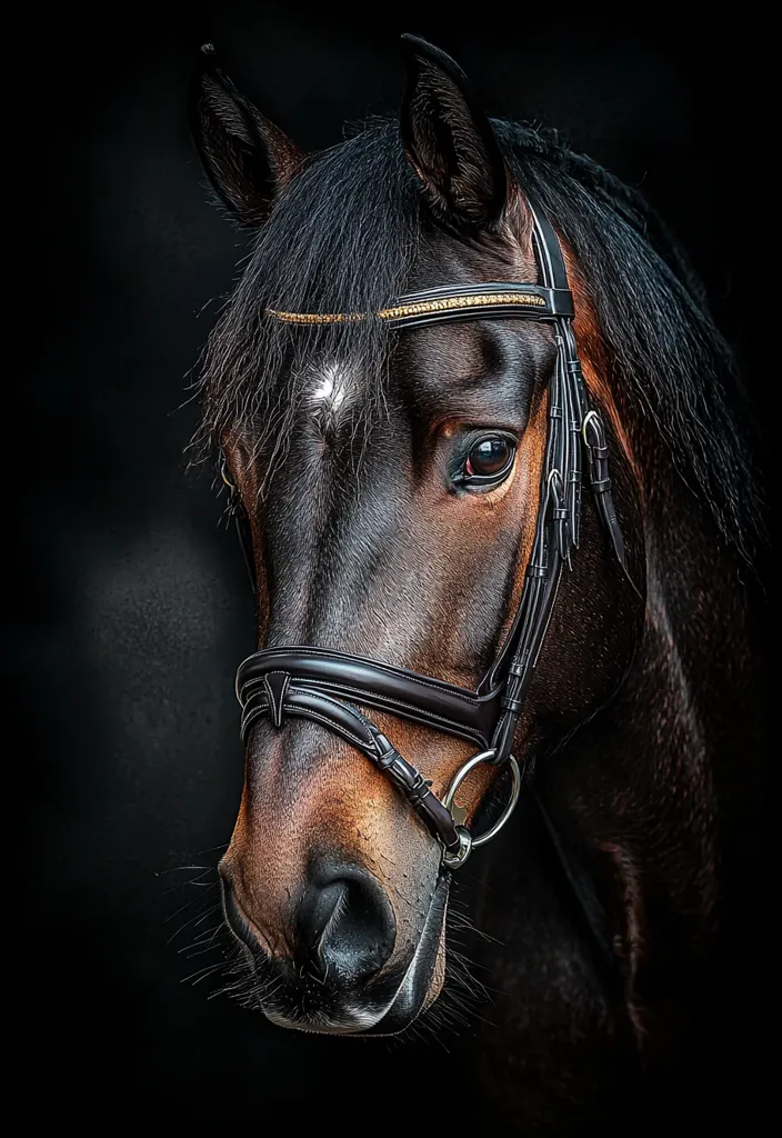 A close-up portrait of a dark brown horse against a black background. The horse is wearing a black bridle with a gold browband. Its dark coat is glossy, and its eyes are expressive. The image is sharply focused, highlighting the horse's features and the details of the bridle. The overall mood is elegant and sophisticated.