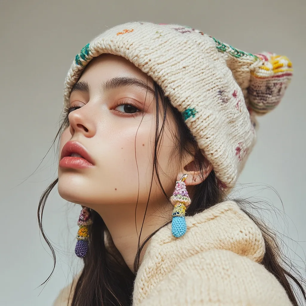 A young woman with long dark hair wears a cream-colored knitted beanie adorned with colorful embroidery.  Her makeup is minimal and natural, highlighting her clear complexion. She's wearing eye-catching, multicolored beaded earrings shaped like mushrooms.  The overall style is relaxed and effortlessly chic.