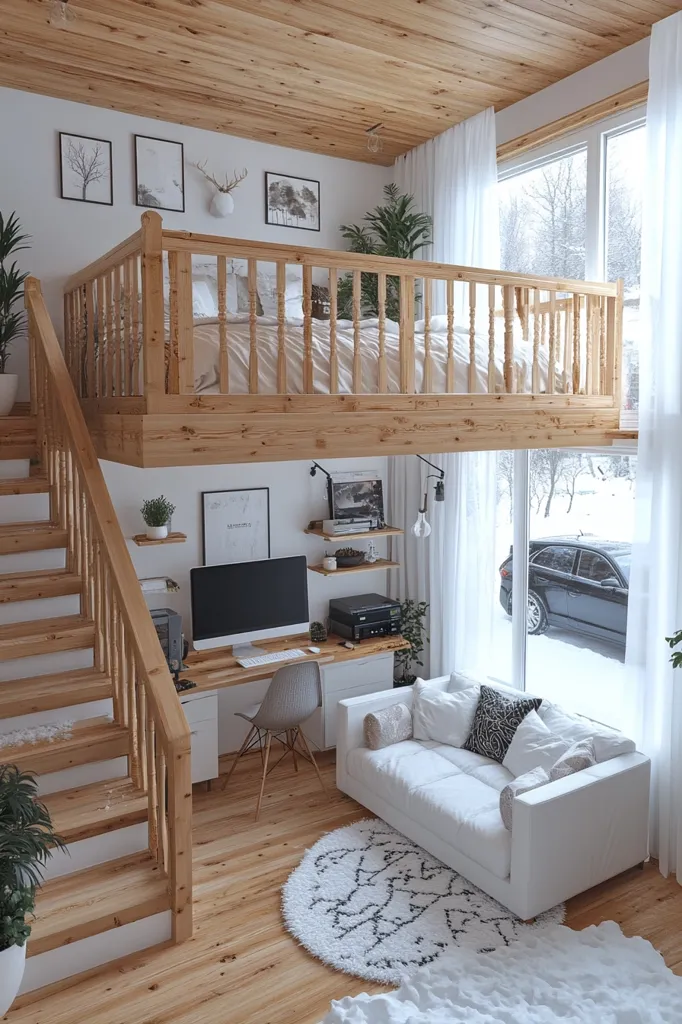 A loft-style apartment features a wooden staircase leading to a raised sleeping platform with a wooden railing.  Below, a minimalist workspace with a desk and computer is situated next to a white couch.  Large windows offer a snowy landscape view. The overall aesthetic is clean, modern, and incorporates natural wood tones.  Plants add splashes of green throughout the space.