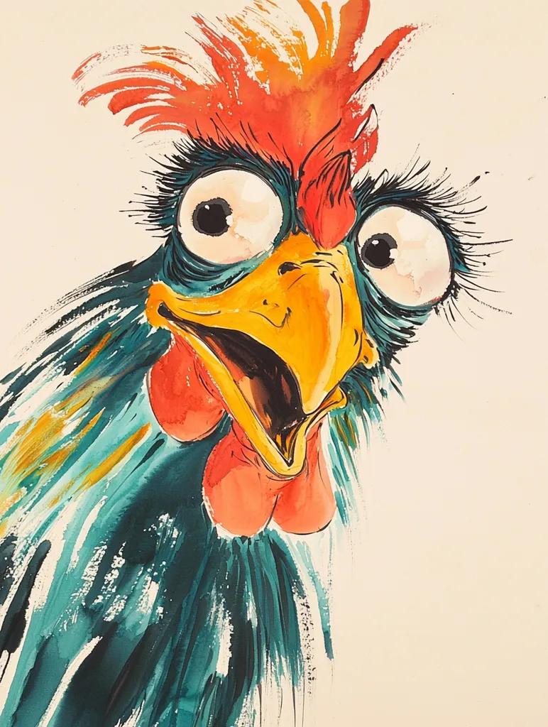 A whimsical watercolor painting depicts a close-up of a chicken's head.  The chicken has oversized, expressive eyes and a vibrant, multicolored comb. Its feathers are rendered in teal, green, and yellow washes, creating a dynamic texture. The overall style is playful and cartoonish, with exaggerated features that lend the chicken a humorous expression.
