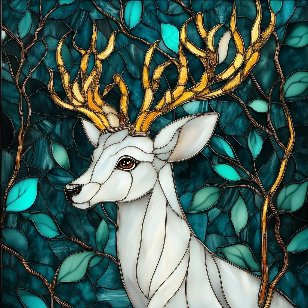 A stunning stained-glass artwork depicts a white deer with large, golden antlers.  The deer is positioned against a backdrop of teal and turquoise leaves and branches, creating a rich contrast.  The intricate detail in the glasswork showcases the deer's features and the texture of its coat, while the vibrant colors evoke a sense of serenity and natural beauty.  The piece displays exceptional craftsmanship in the stained-glass medium.