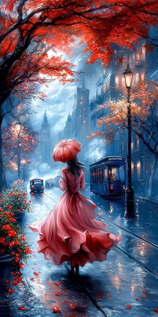 A woman in a flowing pink dress and red umbrella walks down a rain-slicked street at twilight.  Autumn leaves in fiery red adorn the trees lining the street, which is illuminated by gas lamps.  A vintage tram passes by, adding to the romantic, nostalgic atmosphere of the painted scene.  The buildings in the background are beautifully detailed, contributing to the overall dreamlike quality of the artwork.