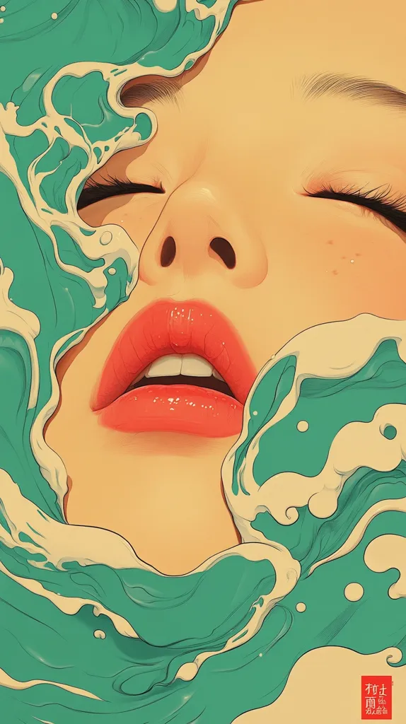 A stylized illustration depicts a woman's face partially submerged in teal-colored waves. Her eyes are closed, and her lips are a vibrant coral red. The waves are rendered with a flowing, almost painterly style, creating a sense of movement and tranquility.  The overall aesthetic is serene and evokes a feeling of calmness and peace.  A small red stamp is visible in the bottom right corner.