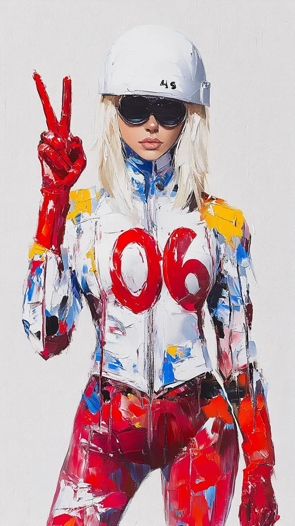 A vibrant, impasto-style painting depicts a woman in a racing suit.  She wears a white helmet with "4S" inscribed, sunglasses, and red gloves.  The number "06" is prominently displayed on her chest.  Her blonde hair is partially visible. She holds up two fingers in a peace sign. The overall palette is bold, with reds, whites, and blues dominating the image. The thick paint application adds texture and energy.