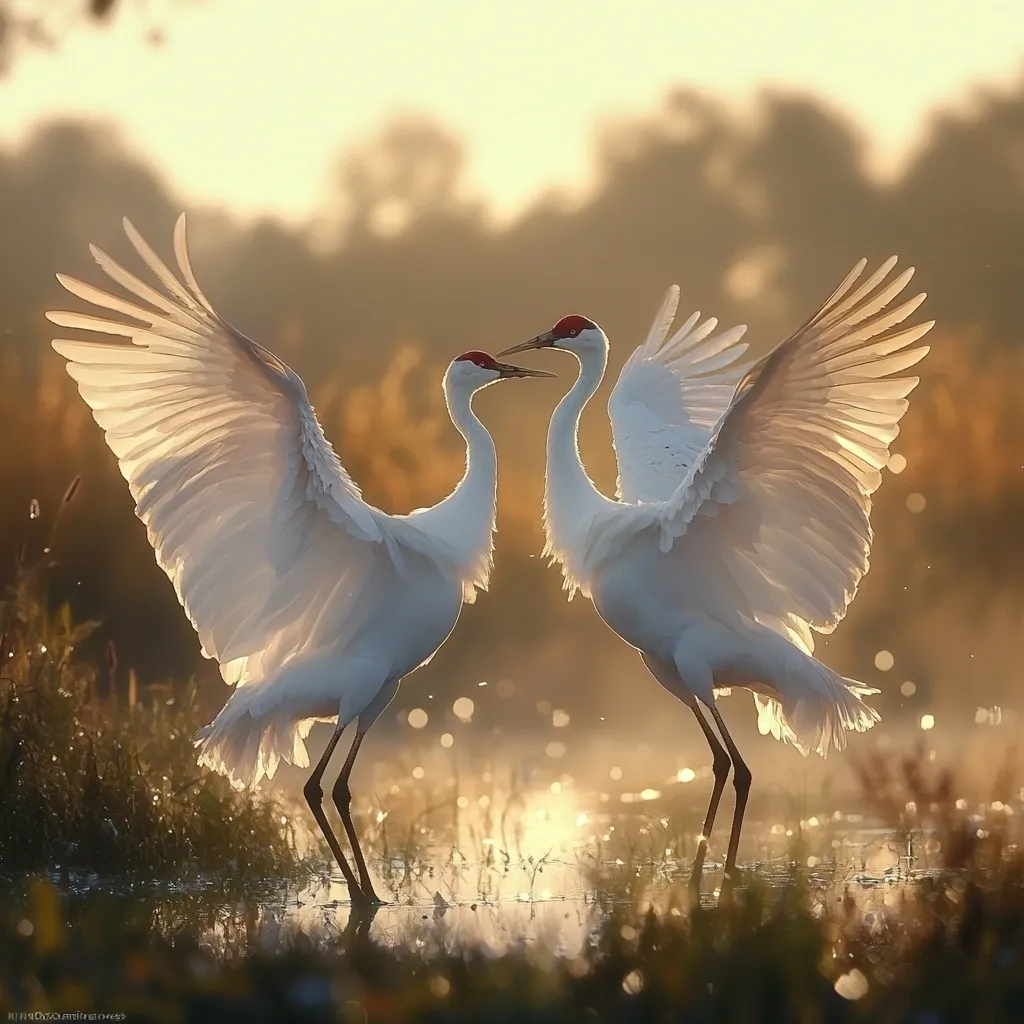 Two graceful whooping cranes stand in shallow water at sunrise.  Their wings are outstretched, nearly touching, as they engage in an elegant dance.  The golden light bathes them in a warm glow, highlighting the delicate feathers and their striking red crowns. The scene evokes a sense of peace and beauty found in nature's quiet moments.