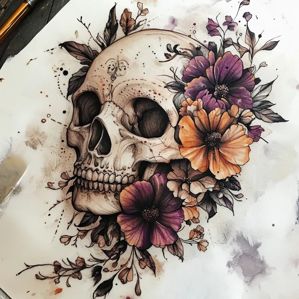 A detailed watercolor artwork depicts a human skull adorned with an array of flowers.  The skull is rendered in grayscale, showcasing intricate bone structure.  Vibrant orange and deep purple flowers, along with smaller blossoms and foliage, create a striking contrast against the skull.  Watercolor washes add a soft, ethereal background, enhancing the piece's artistic effect.  The style blends realism with a touch of gothic romanticism.