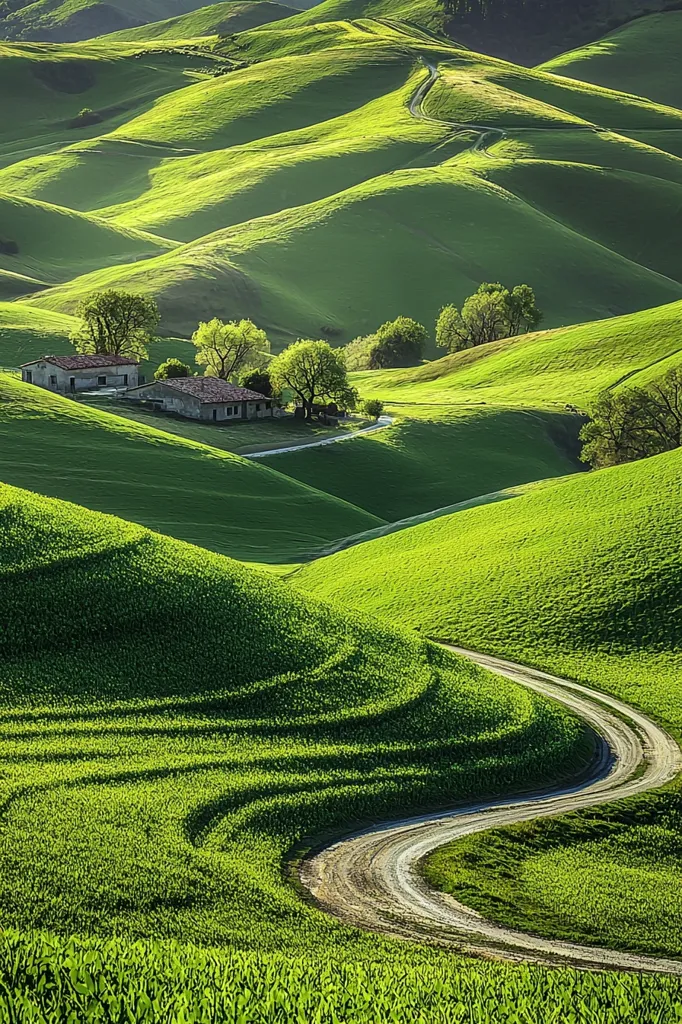 A winding dirt road snakes through vibrant green rolling hills, dotted with a few farmhouses nestled amongst the lush landscape.  The undulating hills create a picturesque scene, bathed in sunlight, showcasing the beauty of the countryside. The rich green suggests a fertile and thriving agricultural area.  The image evokes a sense of peace and tranquility.