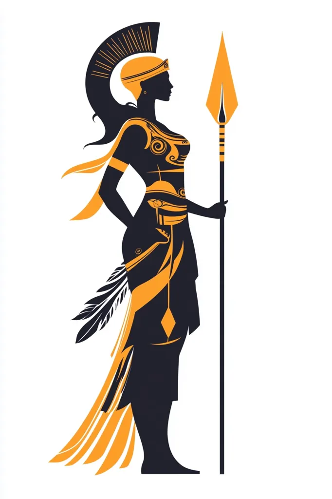 A stylized silhouette of a female warrior, possibly inspired by ancient Greek art. She stands in profile, clad in armor and a flowing robe, holding a spear.  The design features bold, contrasting colors of dark blue/black and gold/orange, emphasizing her powerful stance and regal attire.  The image evokes strength, grace, and a sense of classical mythology.