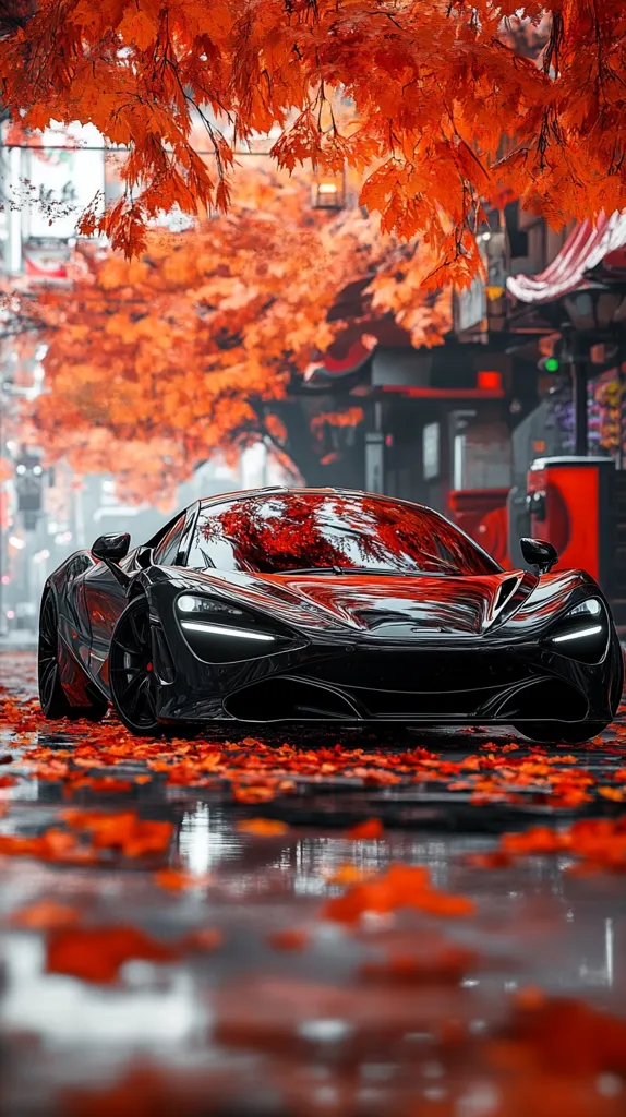 A sleek, black McLaren 720S sits on a rain-slicked street, surrounded by vibrant autumn leaves.  The car's reflection shimmers in the puddles.  Overhead, fiery orange maple leaves create a canopy, casting dappled shadows. The backdrop is a blurry cityscape, suggesting a quiet, autumnal scene. The overall mood is one of sophisticated beauty and serene stillness.