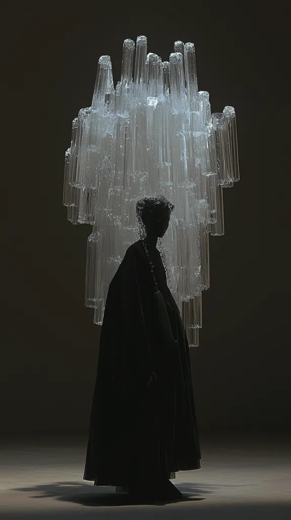 A figure in a long, dark cloak stands beneath a large, crystalline structure.  The structure, composed of numerous vertical, translucent prisms, resembles a cascading waterfall of light.  The figure is mostly in shadow, their form silhouetted against the luminous background. The overall aesthetic is dark, dramatic, and ethereal, suggesting a blend of fashion and art.
