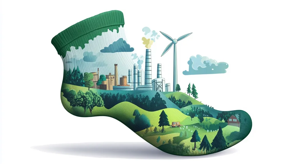 A green sock is depicted, its interior showcasing a vibrant landscape.  Rolling hills, forests, a small village, and industrial structures are nestled within the sock's form. A wind turbine stands prominently, suggesting renewable energy, contrasting with the traditional factory.  The image symbolizes sustainable practices and the integration of industry and nature.