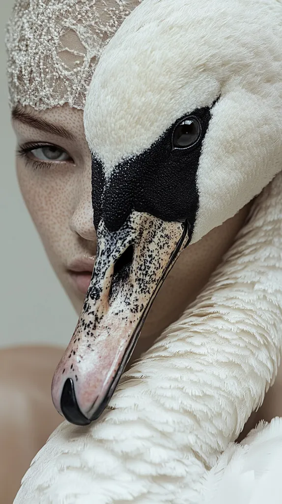 A close-up shot features a woman's face partially obscured by a swan's neck and head.  The woman wears a delicate lace head covering.  Her skin is pale with freckles, and her expression is serious. The swan's plumage is pristine white, contrasting with the black markings on its beak.  The image evokes a sense of serene mystery and ethereal beauty.