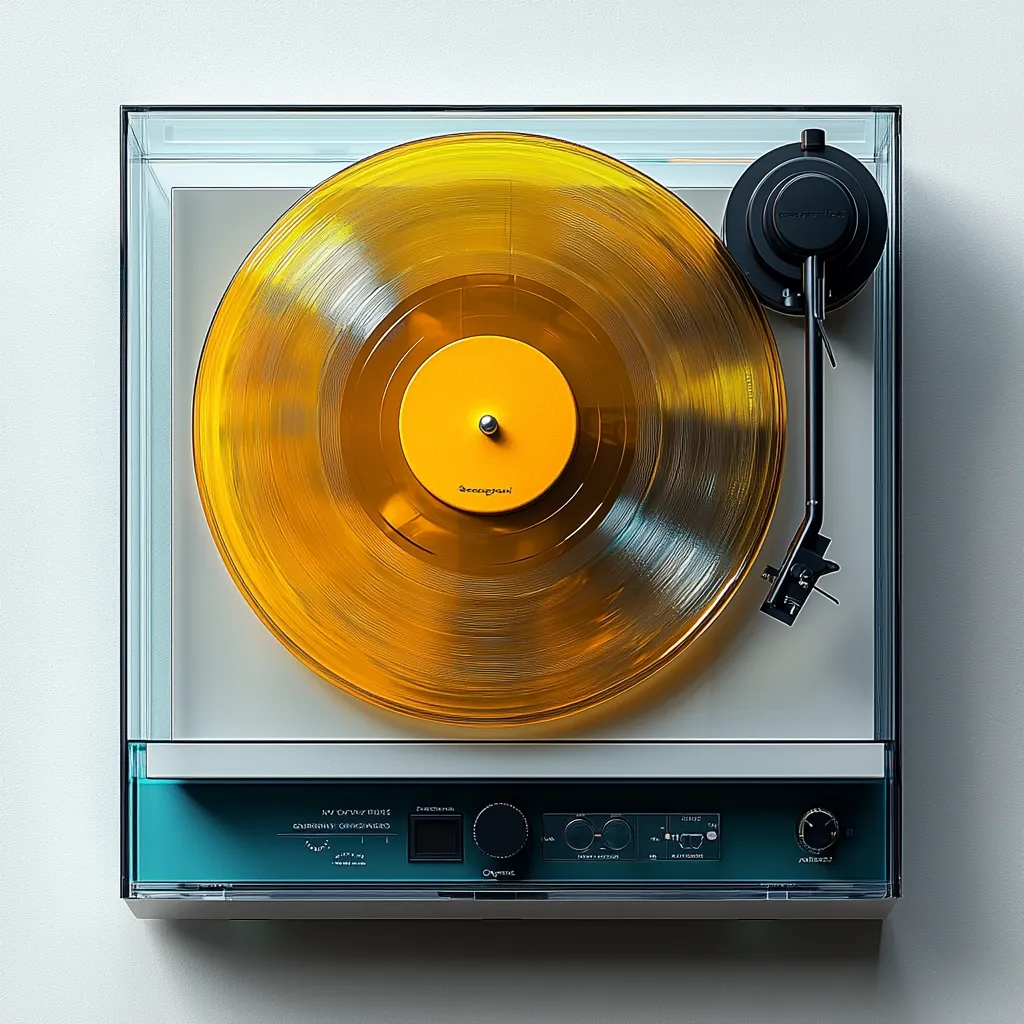 A top-down view of a sleek, modern turntable encased in clear acrylic.  A vibrant amber vinyl record spins on the platter, its label matching the warm tone. The turntable's control panel is a teal-colored accent against the white base.  The overall aesthetic is minimalist and stylish, highlighting the beauty of both the technology and the translucent record.