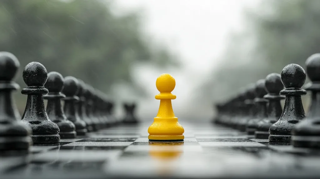 A lone yellow pawn stands in the center of a chessboard, surrounded by rows of black pawns.  Rain droplets cling to the pieces and the board. The background is blurred, suggesting an outdoor setting. The image evokes a feeling of isolation and resilience, with the yellow pawn representing a unique individual standing strong against the odds.