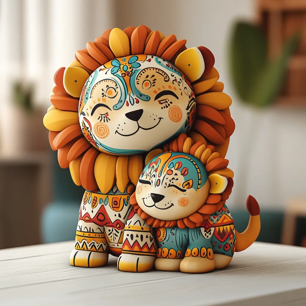 A charming pair of lion figurines, adorned with vibrant, folk-art inspired patterns in warm oranges, blues, and yellows. The larger lion affectionately embraces a smaller cub, their faces displaying sweet, closed-eye smiles.  The intricate details and cheerful expressions create a heartwarming and whimsical scene.  They appear hand-crafted, possibly from clay or resin.