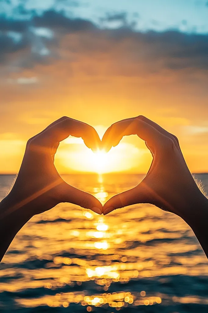 Silhouetted hands form a heart shape against a vibrant sunset over calm ocean water. The setting sun's rays shine through the heart, creating a warm, romantic atmosphere.  The image evokes feelings of love, peace, and the beauty of nature. The golden hues of the sky and water reflect the radiant glow of the sun.