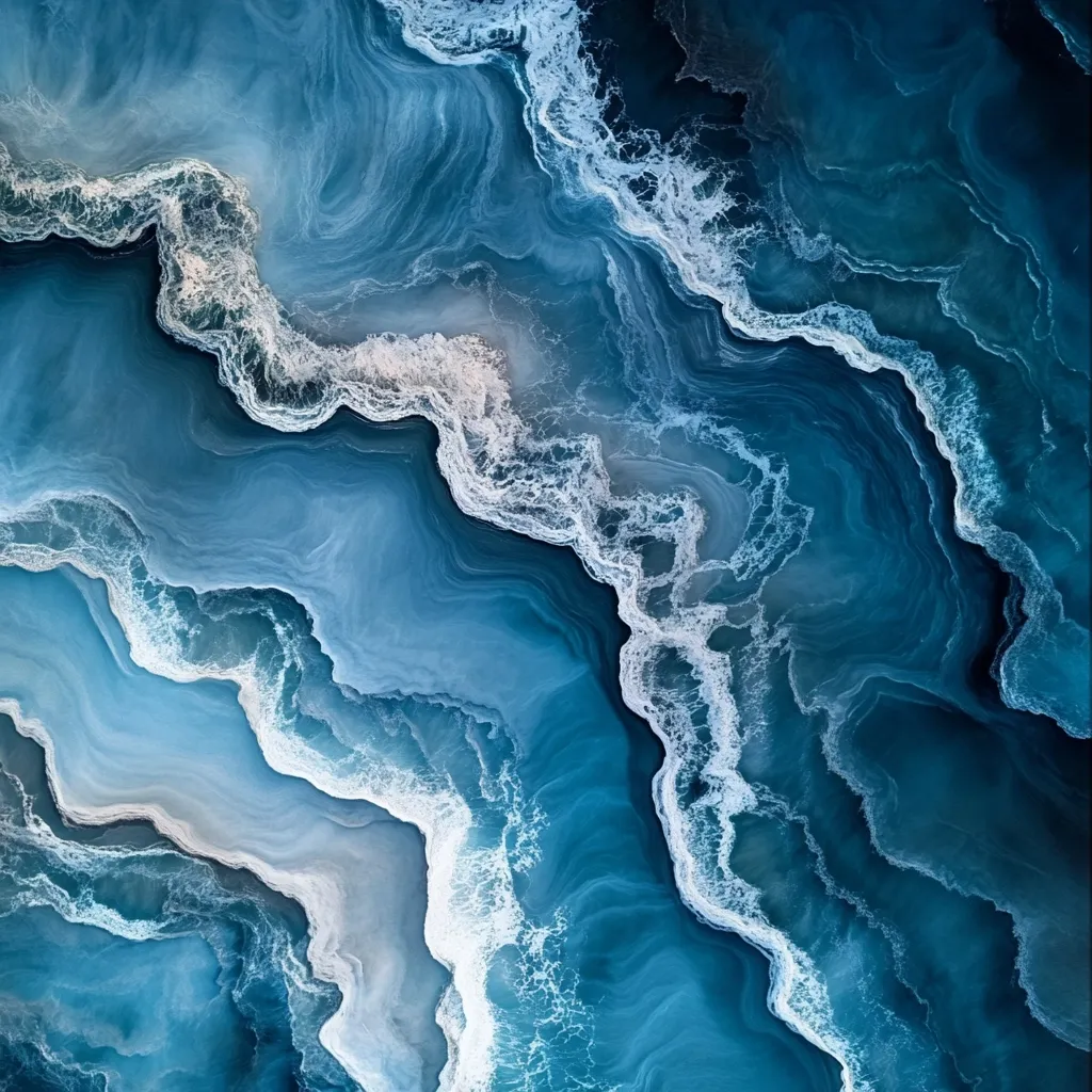 The image showcases an abstract artwork resembling an aerial view of ocean waves.  Deep blues and teal shades dominate, creating a mesmerizing swirling pattern.  White accents suggest foam and movement, enhancing the ocean's dynamic energy. The texture is fluid and organic, mimicking the natural undulations of water. The overall effect is calming yet powerful, evoking the vastness and beauty of the sea.