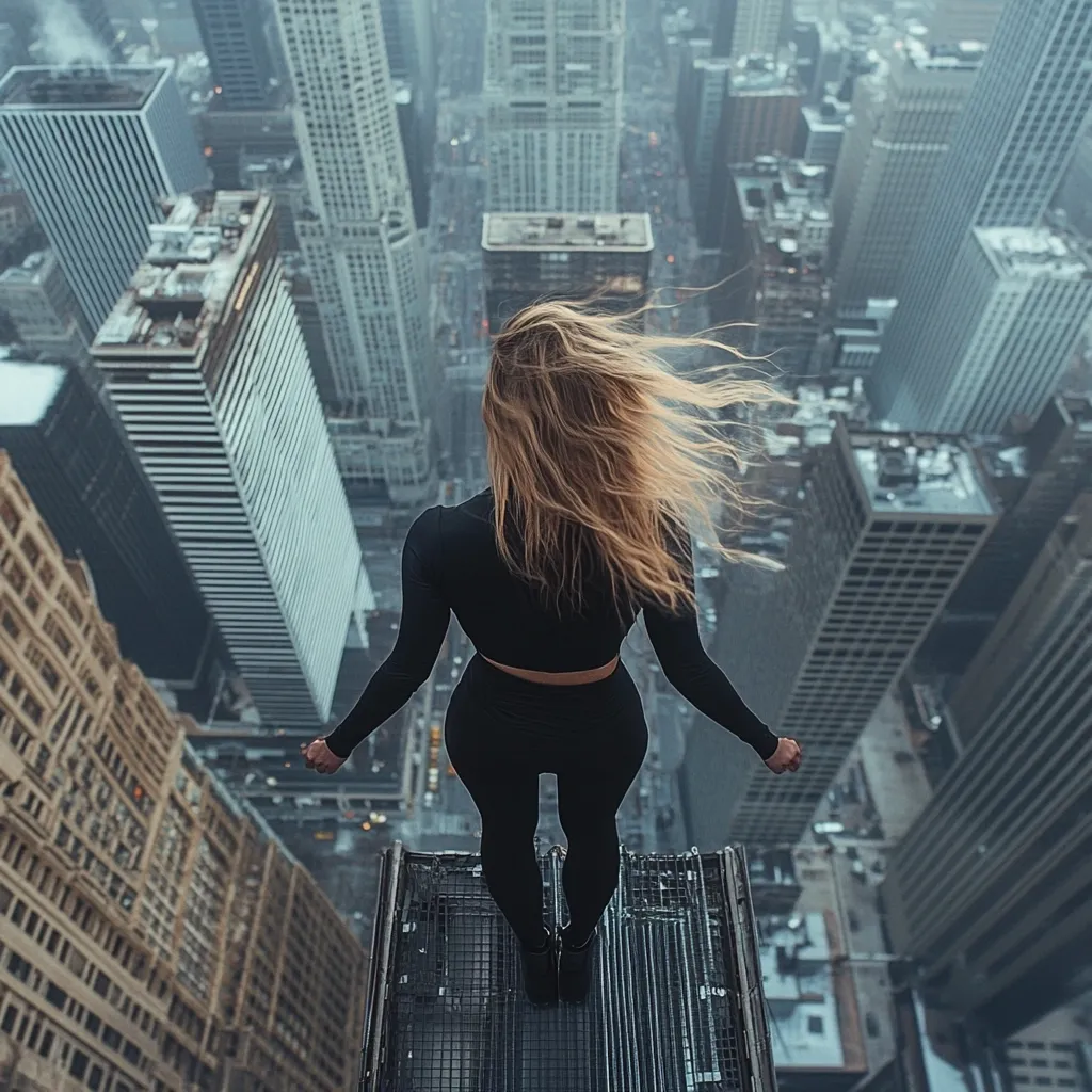 A woman with long blonde hair stands on a rooftop, her back to the camera.  The wind blows her hair as she overlooks a sprawling cityscape of towering skyscrapers. She's dressed in black athletic wear. The view from this high vantage point is breathtaking, showcasing the dense urban landscape stretching to the horizon.  The overall mood is one of both danger and awe-inspiring beauty.