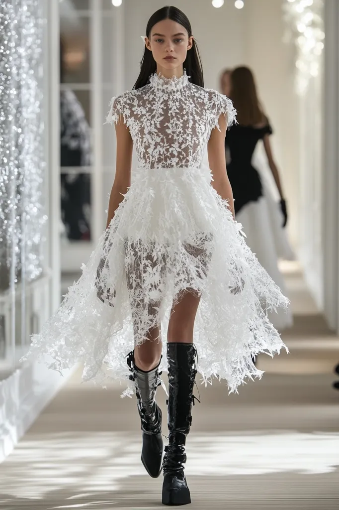 A model walks a runway in a stunning white lace high-low dress.  The dress features delicate, frayed edges and a sheer, fitted bodice with a high neckline.  The model's dark hair is pulled back, and she wears tall, black, lace-up boots.  The background suggests a light, airy fashion show setting.  The overall effect is one of ethereal elegance and modern sophistication.