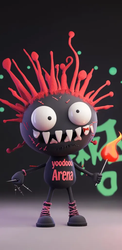 A 3D-rendered cartoon character with a black body, large eyes, sharp teeth, and bright red spiky hair.  It wears a black shirt with "yoodooo Arena" printed on it and black boots with pink laces. The character holds a small flaming torch, and its arms end in sharp points.  The background features dark tones with splashes of green and teal. The overall style is edgy and playful.