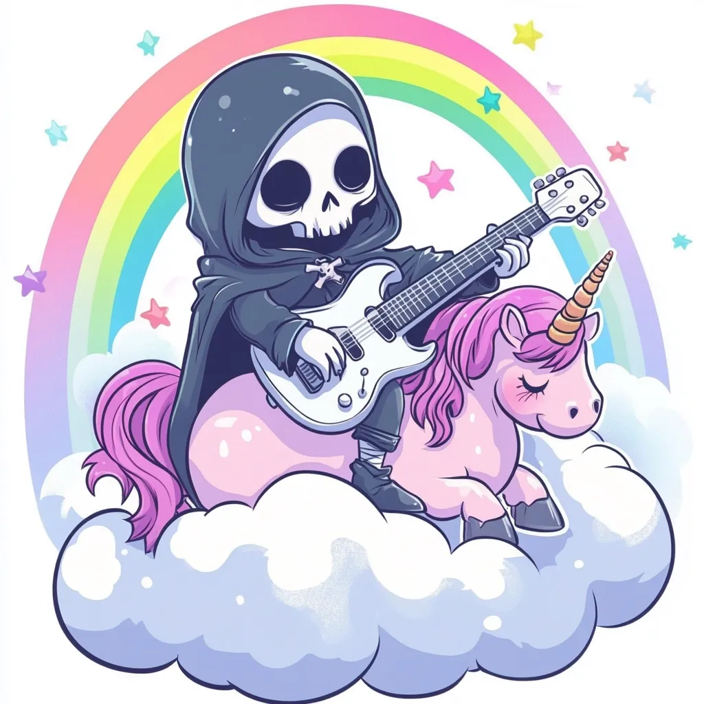 A cute, chibi Grim Reaper, clad in a black robe, sits atop a pink unicorn, strumming an electric guitar.  They are perched on a fluffy cloud against a pastel rainbow backdrop, sprinkled with stars.  The scene blends dark and whimsical elements, creating a unique, playful contrast.  The overall style is cartoonish and vibrant.