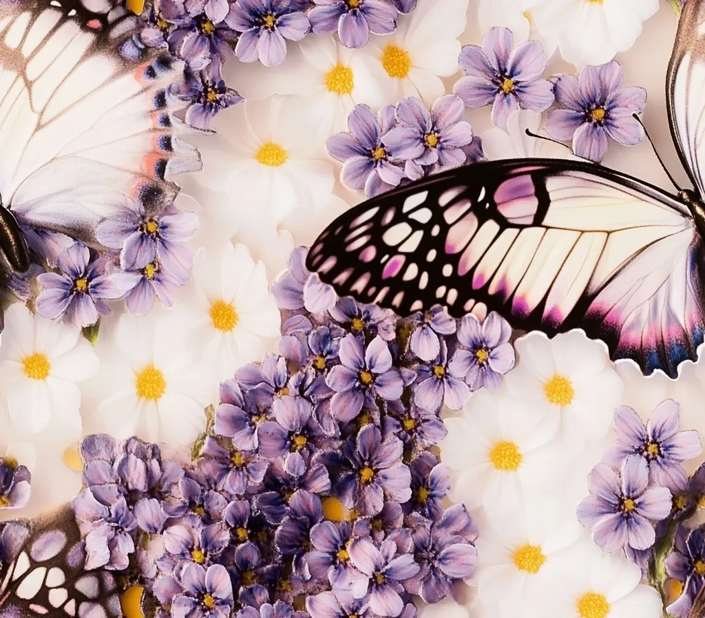 Two large butterflies with intricate, delicate wing patterns rest amongst a profusion of white and purple flowers. The butterflies' wings showcase a blend of white, black, and purple hues, while the flowers create a soft, textured background.  The image evokes a feeling of springtime or a serene garden scene. The color palette is calming and pastel-toned.