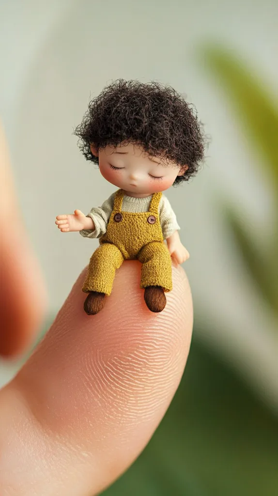 A tiny, adorable CGI doll with dark curly hair sits peacefully on a fingertip.  Wearing a mustard-yellow jumpsuit, the doll's eyes are closed, conveying a sense of calm or sleepiness. The image's soft focus and muted background enhance the doll's miniature charm, creating a sweet and whimsical scene.  The contrast between the doll's size and the human finger emphasizes its smallness.