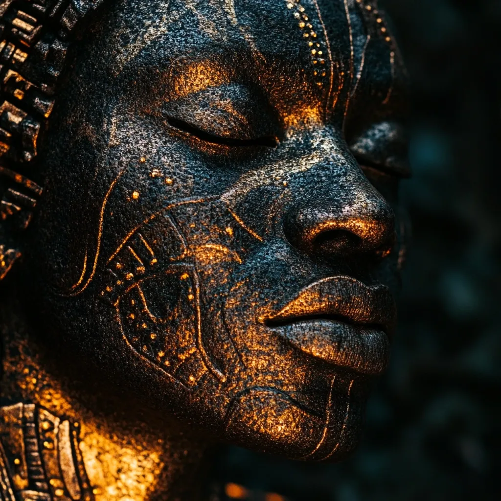 Close-up of a person's face adorned with intricate gold and black body paint.  The paint creates a textured, metallic effect, resembling ancient tribal markings or futuristic cybernetics.  Eyes are closed, conveying a sense of serenity or meditation. The dark background enhances the dramatic lighting on the gold accents. The overall image is striking and evocative.