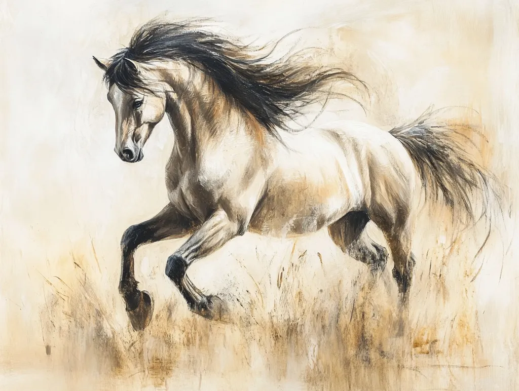 A stunning painting depicts a palomino horse in motion.  Its long, dark mane and tail flow dramatically as it gallops through tall, dry grass.  The artist uses a palette of warm beige and brown tones, creating a sense of movement and freedom against a muted background.  The horse's powerful legs are captured mid-stride, conveying a feeling of untamed energy and grace.