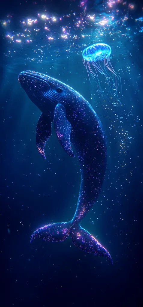 A digitally rendered image depicts a humpback whale gracefully swimming in a deep blue ocean.  The whale's body is adorned with sparkling particles, creating a celestial effect.  A bioluminescent jellyfish floats nearby, adding to the enchanting underwater scene.  The overall atmosphere is serene and magical, with a focus on the ethereal beauty of the marine life.