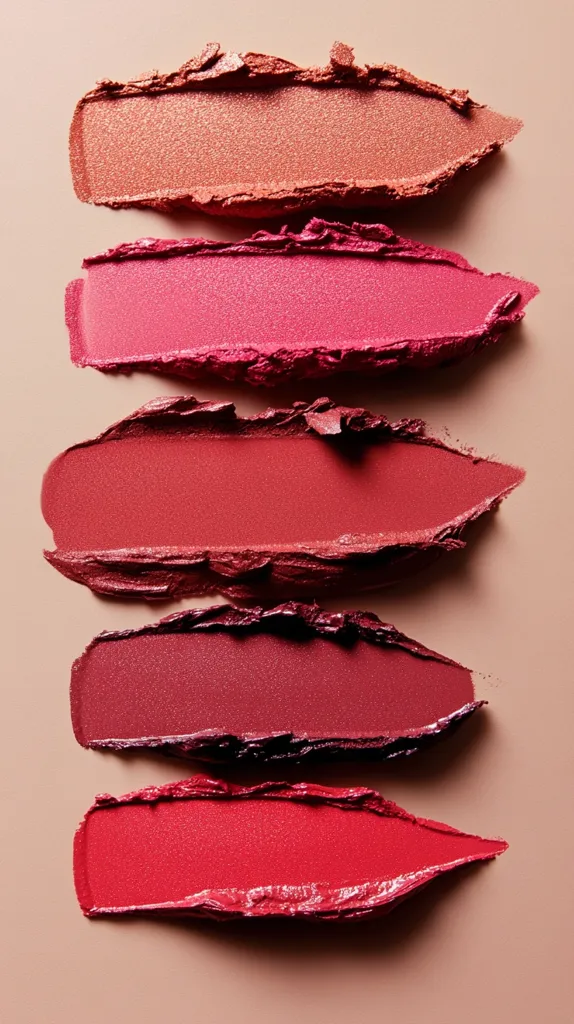 Five swatches of lipstick in varying shades of red are displayed against a neutral beige background.  The swatches are arranged vertically, showcasing a gradient from a light, warm coral to a deep, classic red.  Each swipe shows the texture and pigment of the lipstick. The image is clean and focuses on the color variations.