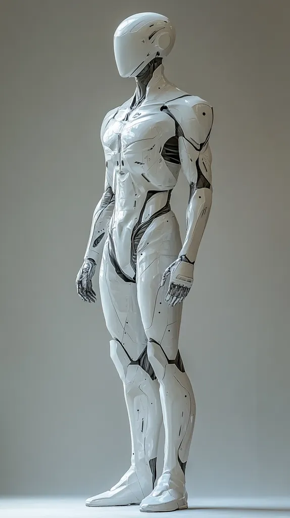 A sleek, humanoid robot stands against a neutral gray backdrop.  Its white, articulated body features a smooth, glossy finish with subtle dark lines highlighting its segmented design.  The robot is depicted in a three-quarter view, showcasing its detailed physique, from its helmet to its boots. The overall aesthetic is futuristic and clean, hinting at advanced technology and possibly artificial intelligence.