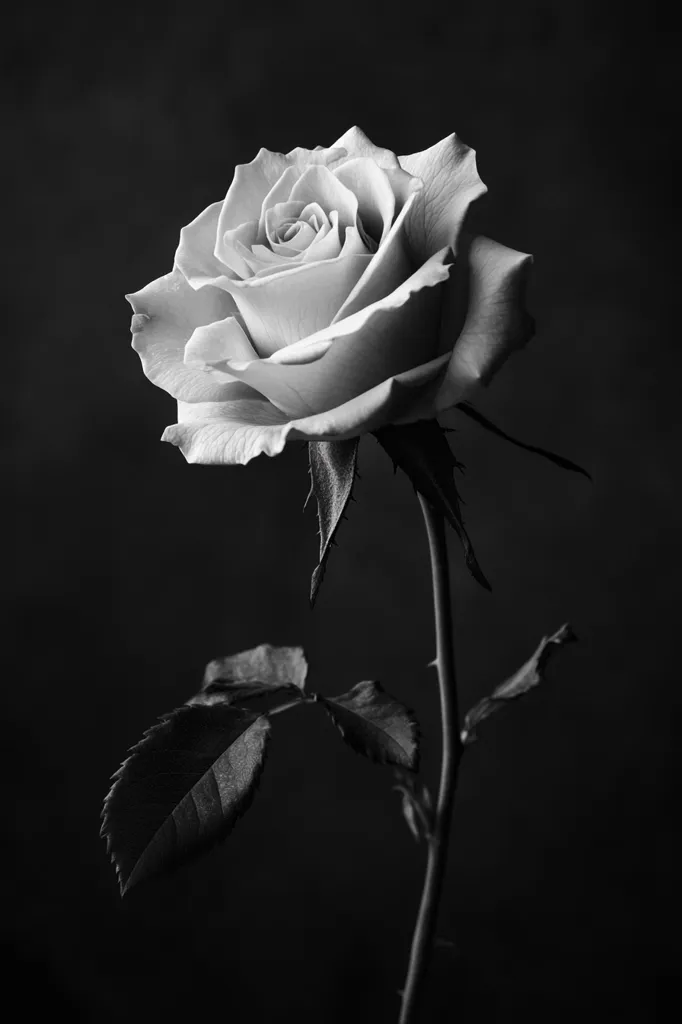 A single rose, captured in striking monochrome, dominates the frame.  Its delicate petals are fully opened, revealing the intricate heart of the bloom.  The stem, slender and elegant, extends downwards, accompanied by dark, textured leaves. The stark contrast against the deep black background emphasizes the rose's beauty and fragility.