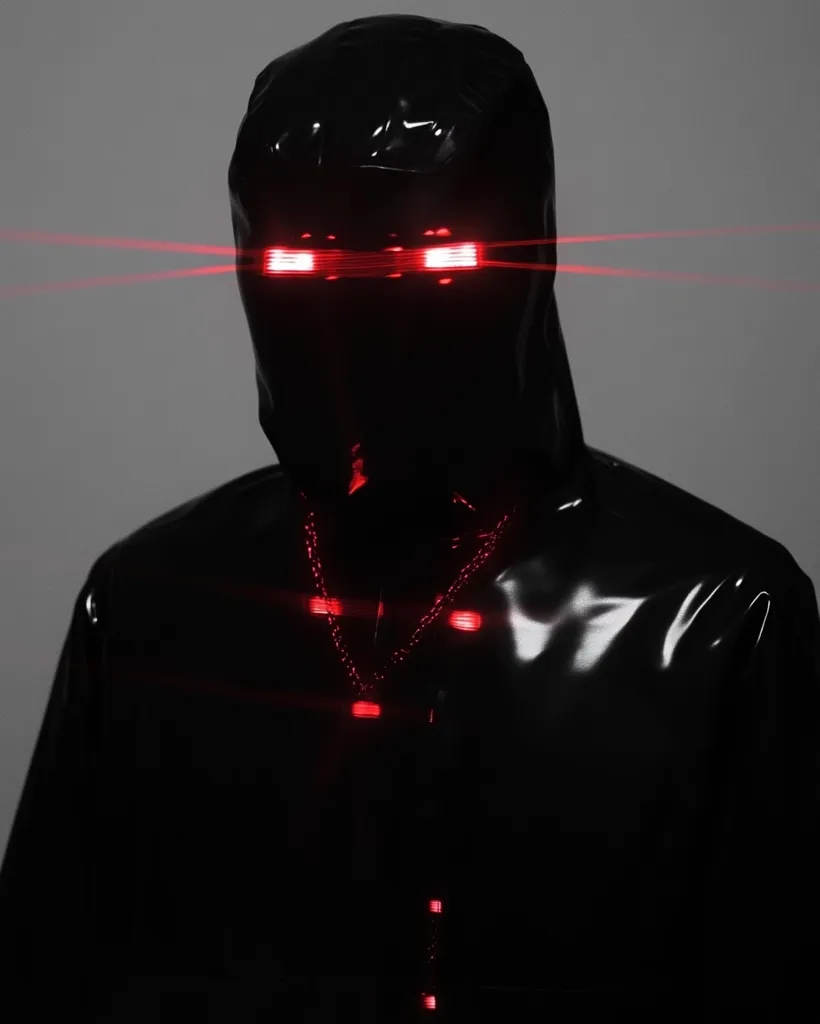 A figure cloaked in a black, shiny, hooded garment is depicted.  Red LED lights illuminate the eye area of the hood and adorn a necklace, creating a futuristic or cyberpunk aesthetic. The image is dark and moody, with a strong contrast between the black clothing and the vibrant red lights. The overall effect is mysterious and somewhat menacing.