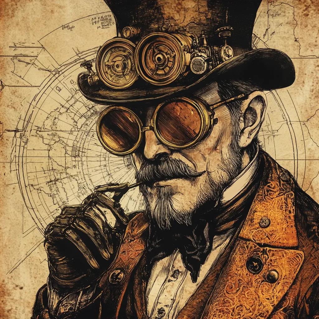 A detailed steampunk illustration depicts a distinguished gentleman with a top hat adorned with intricate gears and goggles.  His attire includes a leather coat with ornate detailing and a bow tie. He holds a pipe, his gaze serious.  The background features an antique world map, adding to the vintage, adventurous atmosphere. The artwork showcases masterful shading and meticulous detail in the style of a pen-and-ink drawing.