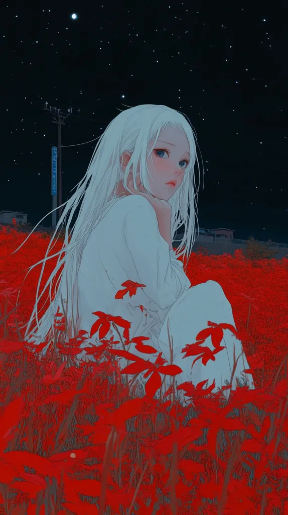 A young woman with long, flowing white hair sits amidst a field of vibrant red flowers under a starry night sky.  She is dressed in a simple white robe and appears pensive, her gaze directed slightly away. The contrast between her pale clothing and the intense red of the flowers creates a striking visual effect. The scene evokes a sense of quiet solitude and contemplation.
