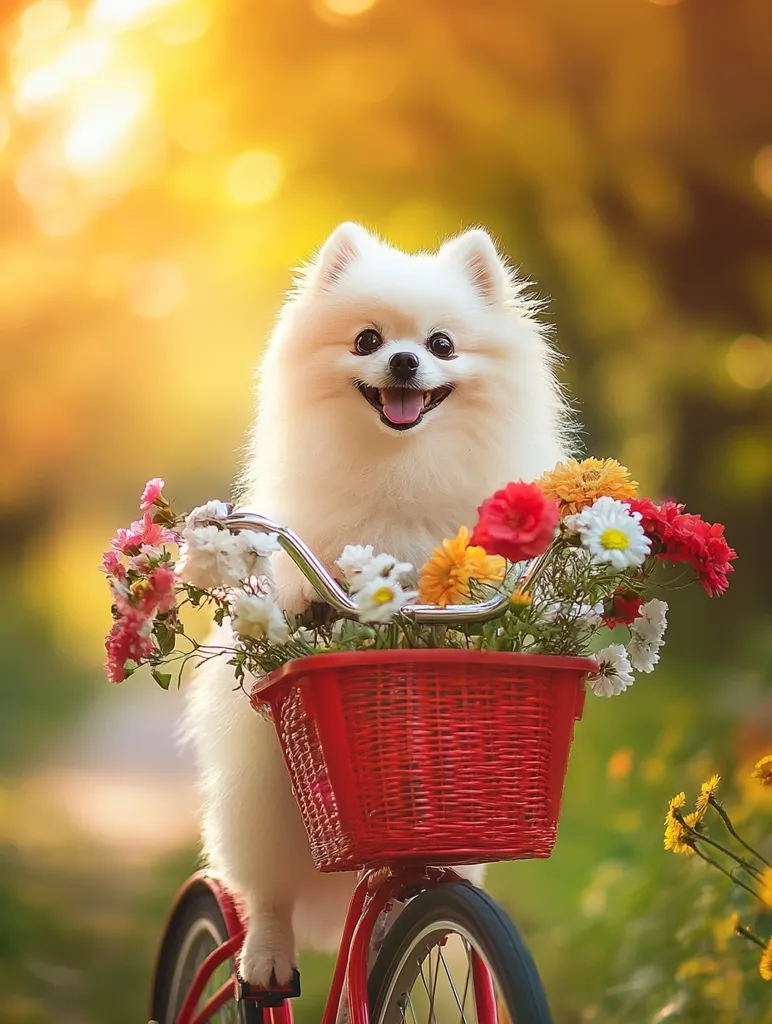 A fluffy white Pomeranian dog sits happily in the basket of a red bicycle adorned with a vibrant bouquet of colorful flowers.  The sunny background is blurred, creating a bokeh effect that emphasizes the dog and bicycle. The scene is idyllic and cheerful, capturing a moment of playful innocence.