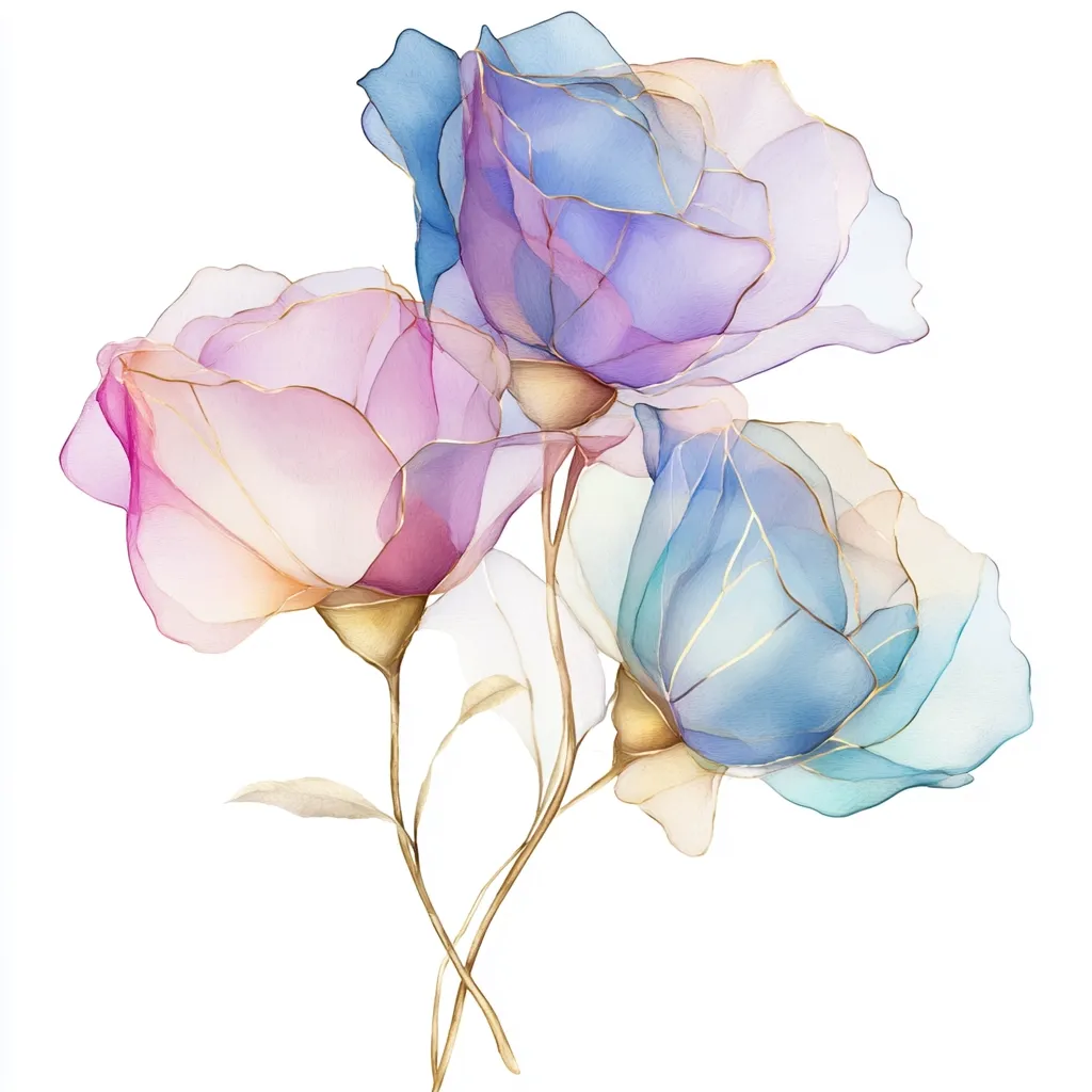 A watercolor painting of three translucent flowers in shades of pink, purple, and blue.  The petals are delicate and ethereal, outlined with gold, giving them a shimmering effect.  The stems are slender and gold, extending elegantly from the base. The overall style is romantic and dreamy, suggesting a feeling of lightness and airiness.  The flowers are isolated against a stark white background.