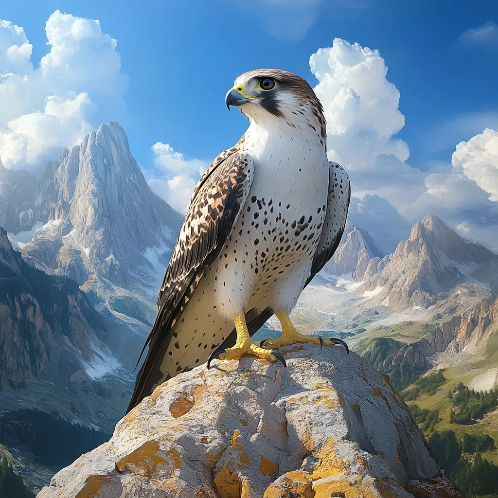 A majestic gyrfalcon, perched atop a rocky outcrop, surveys a breathtaking alpine landscape.  The falcon's plumage, a striking blend of white and brown, contrasts sharply with the snow-capped peaks and verdant valleys stretching to the horizon.  The bright blue sky, dotted with fluffy white clouds, completes this stunning natural scene. The bird's sharp gaze and powerful stance convey its dominance over its kingdom.