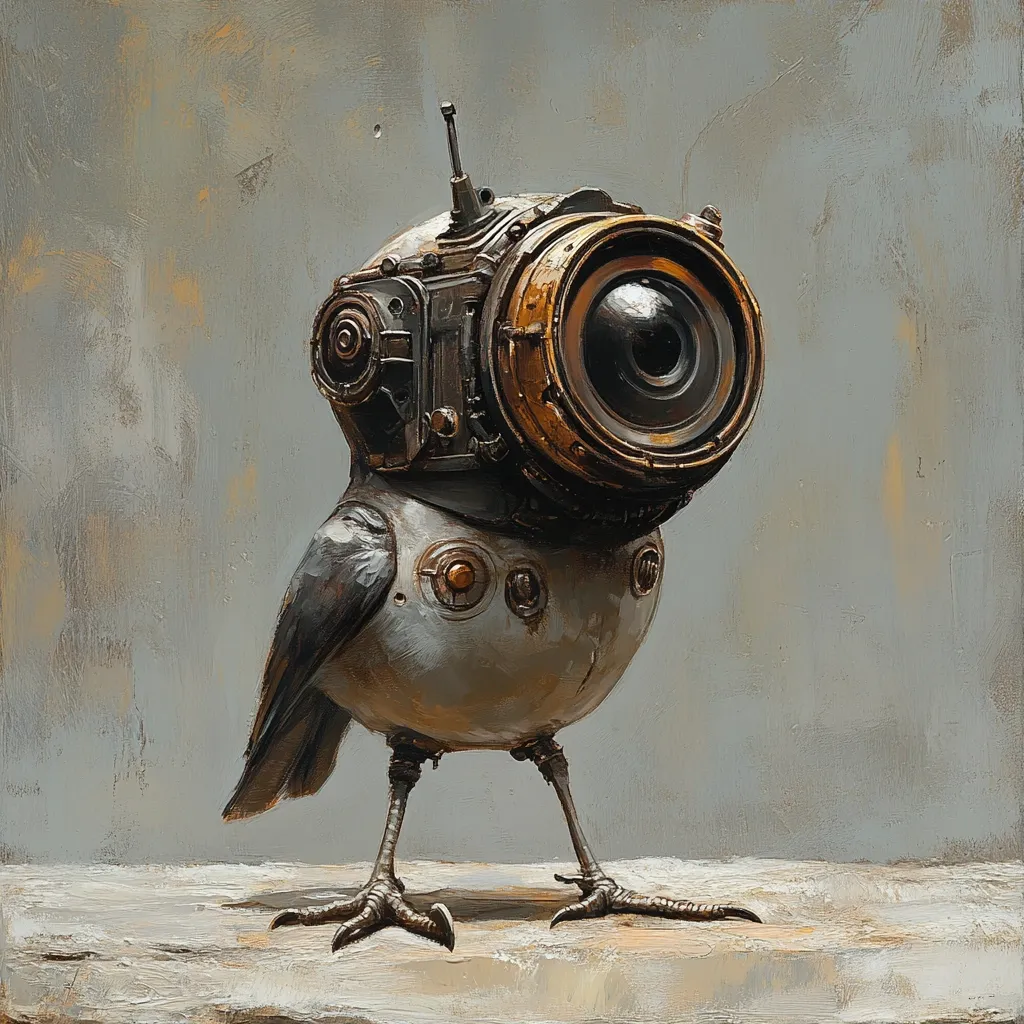 A steampunk-style robotic bird stands on a pale surface against a muted gray background.  Its body is predominantly gray metal, adorned with rivets and other mechanical details.  A large, brass-rimmed lens dominates its head, resembling a vintage camera.  The bird's legs and feet are detailed with claws, contrasting the smooth metal of its body.  The overall style is a blend of organic and mechanical elements, creating a fantastical creature.