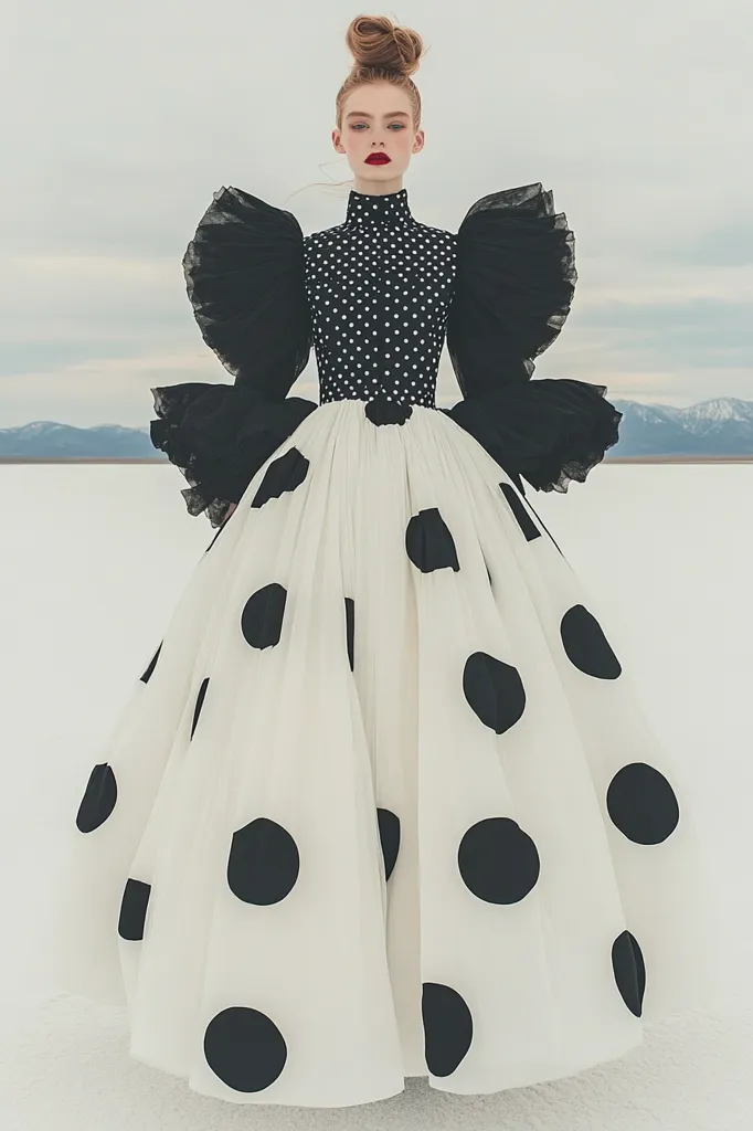 A young woman with a high bun hairstyle wears a striking black and white polka dot gown. The dress features a high neck, long sleeves with dramatic black ruffled shoulders, and a full, flowing skirt.  The model's red lipstick contrasts against the dress, creating a bold and elegant look. The backdrop is a minimalist expanse of white, emphasizing the dress's design.