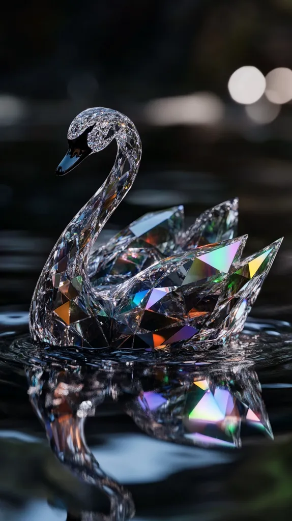 A crystalline swan figurine, crafted from faceted glass, floats serenely on dark water.  The swan's body and neck are composed of numerous iridescent triangular facets, creating a dazzling display of light and color. Its reflection is visible in the still water, enhancing the overall ethereal beauty of the scene.  The background is blurred, focusing attention on the exquisite detail of the swan.