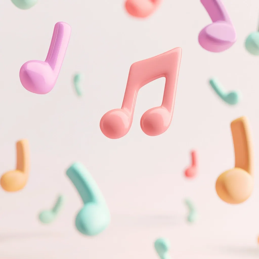 A light pink musical note takes center stage against a soft, off-white background.  Numerous other pastel-colored musical notes, in shades of pink, orange, teal, and light green, float around it, creating a whimsical, three-dimensional effect. The notes appear glossy and almost jelly-like in texture, suggesting a playful and cheerful mood. The overall composition evokes a sense of lightness and musicality.