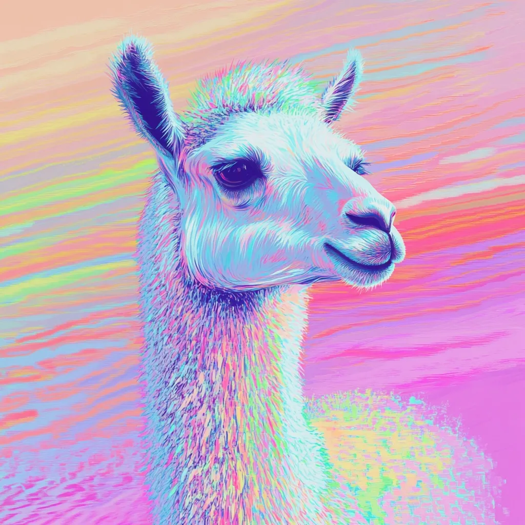 A vibrant, stylized illustration of a llama's head and neck. The llama is depicted in cool, pastel hues of blue, purple, and pink, against a backdrop of similarly colored, brushstroke-like textures. The style is reminiscent of digital art or a painting with a strong emphasis on color and texture. The llama's fur is detailed, giving it a soft, fluffy appearance.  The overall effect is whimsical and dreamy.